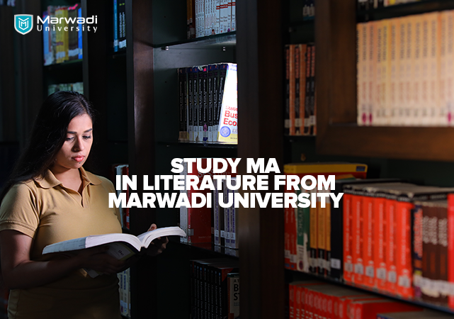 girl is standing in library with book in her hand.